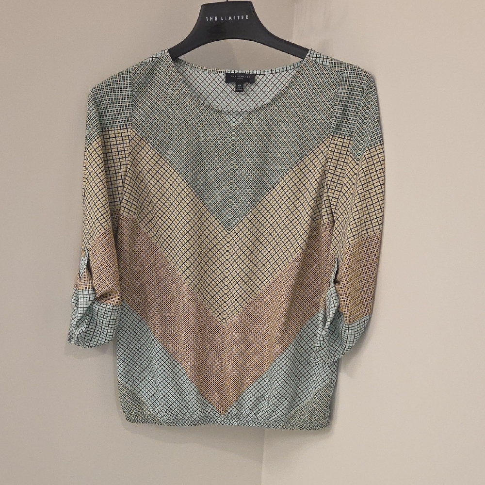 The Limited Chevron Print V-Neck Blouse in Sage and Tan